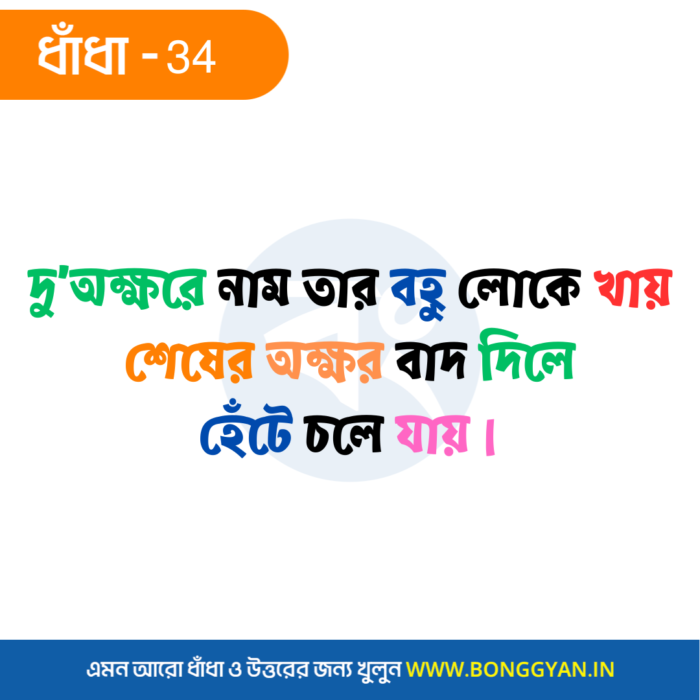 দু’অক্ষরে নাম তার বহু লোকে খায় শেষের অক্ষর বাদ দিলে হেঁটে চলে যায়।