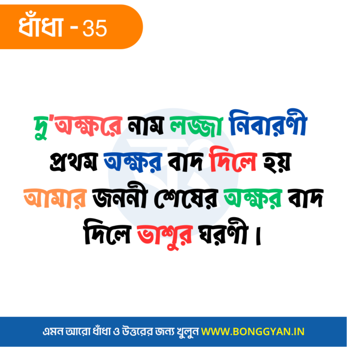 দু’অক্ষরে নাম লজ্জা নিবারণী প্রথম অক্ষর বাদ দিলে হয় আমার জননী শেষের অক্ষর বাদ দিলে ভাশুর ঘরণী।