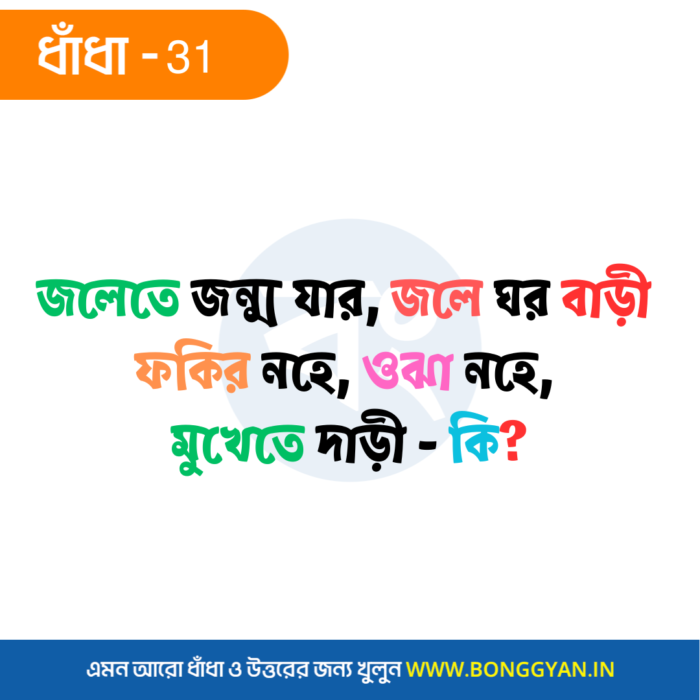 জলেতে জন্ম যার, জলে ঘর বাড়ী ফকির নহে, ওঝা নহে, মুখেতে দাড়ী - কি?