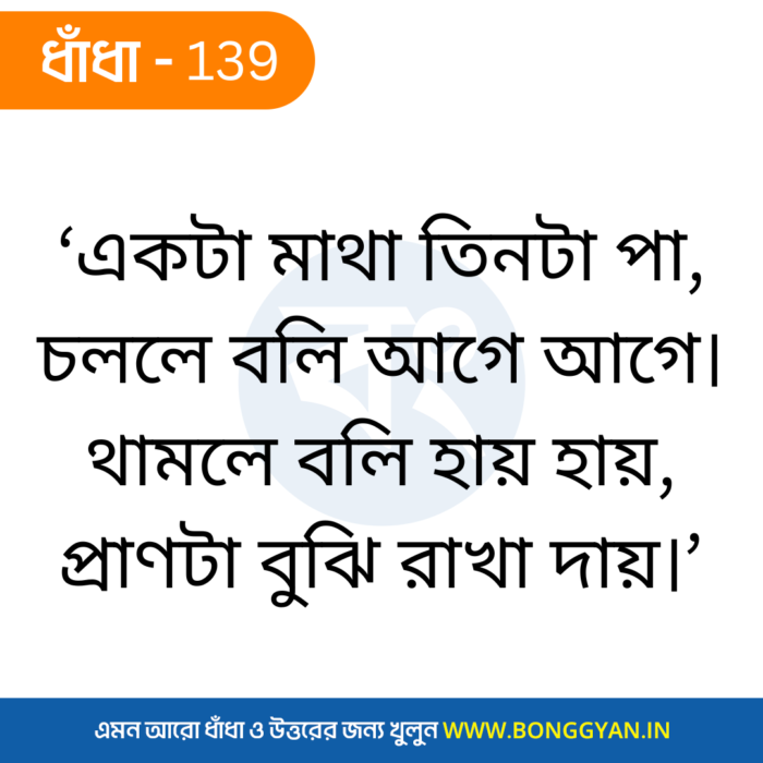 ‘একটা মাথা তিনটা পা, চললে বলি আগে আগে। থামলে বলি হায় হায়, প্রাণটা বুঝি রাখা দায়।’