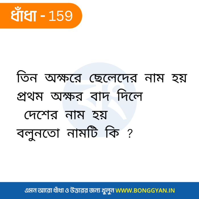 তিন অক্ষরে ছেলেদের নাম হয় প্রথম অক্ষর বাদ দিলে দেশের নাম হয় বলুনতো নামটি কি ?